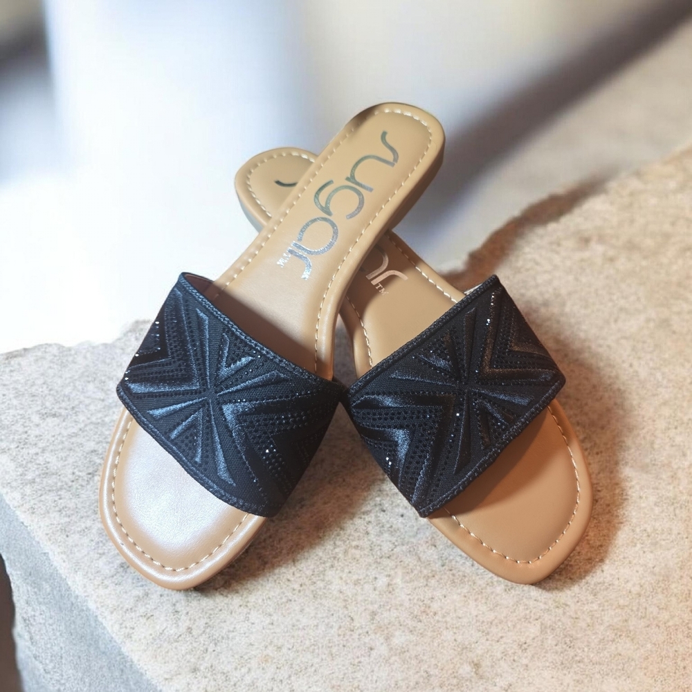 Sugar Women's Black Bling  and Tan Slide Sandals